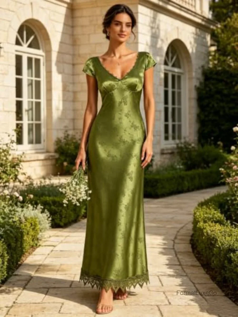 Satin Midi Dress Corset Crisscross Back Lace Trim Puff Sleeve